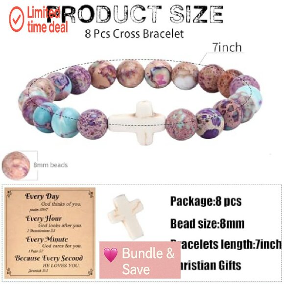 8-Piece Natural Stone Cross Bracelet Set, Stretch Fit, Christian Jewelry - Picture 5 of 8